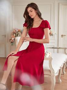 Poéselle Square Neck Butterfly Sleeve Button Front Dress - Burgundy - View 8