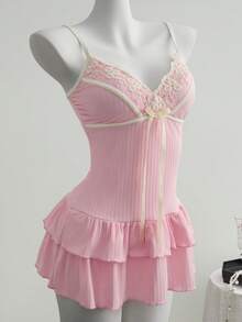 Elamini 女士甜美粉色蕾丝边蝴蝶结系带前开襟荷叶边连体泳衣，夏季 - 粉色 - 查看 3