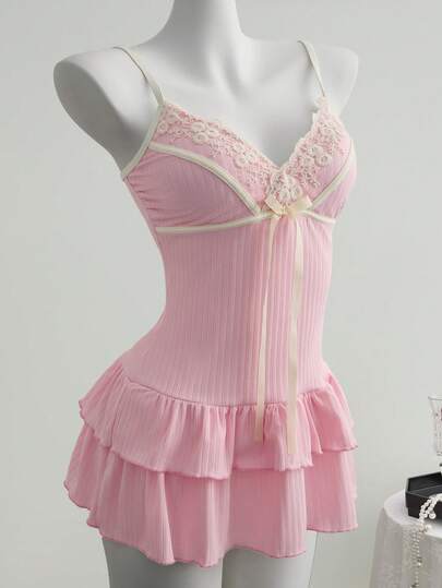 Elamini 女士甜美粉色蕾丝边蝴蝶结系带前开襟荷叶边连体泳衣，夏季