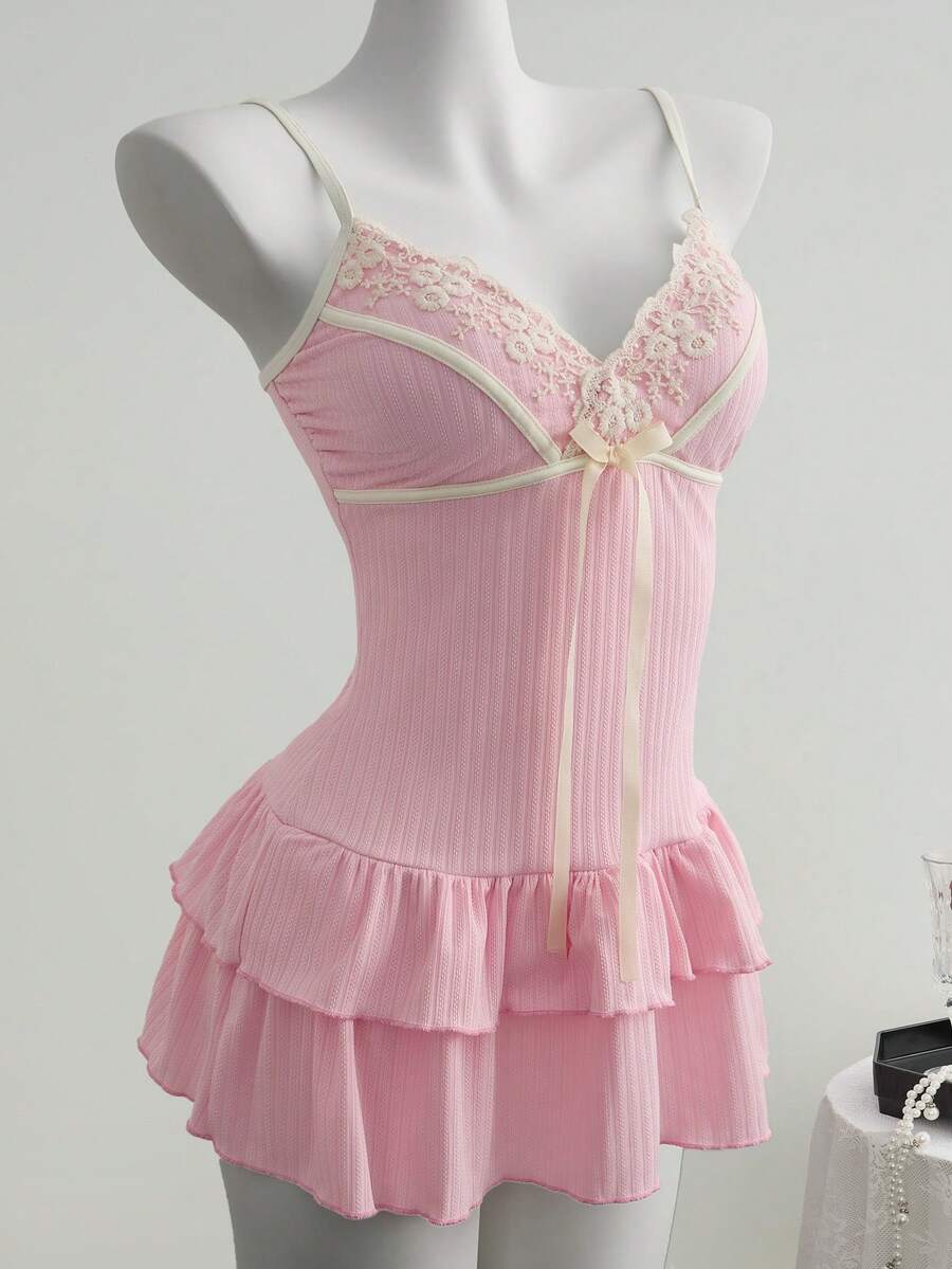 Elamini Women's Sweet Pink Lace Trim Butterfly Tie Front Layered Ruffle One-Piece Swimsuit, Summer - Pink - View 1