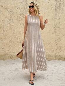 SHEIN Frenchy Vestido largo holgado sin mangas con estampado de rayas para mujer, casual de verano - Albaricoque - Ver 3