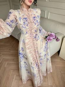 DAZY 女士立领印花连衣裙，优雅宫廷风吊带裙 - 彩色 - 查看 5