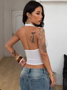 Coolane Women's Spring Concert Outfit Y2K Streetwear Sport Casual Breathable Mesh Graphics Number Pattern White Swing Collar Slim Fit Backless Crop Jersey Tops - Apricot - View 5