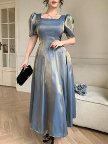 DAZY Đầm nữ thanh lịch màu trơn cổ vuông tay phồng dài ngang gối, đầm dự tiệc cưới mùa xuân/hè. - Màu xanh lam - Xem 9