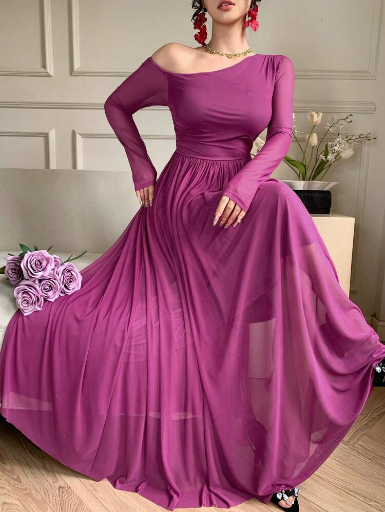 Women's Elegant Solid Color Asymmetric Neck Ruched Long Dress, Spring/Summer Wedding Guest Dress Sundress