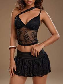 TRNVIE Sexy & Romantic Lace V-Neck Spaghetti Strap Top For Women, Spring/Summer - Black - View 7