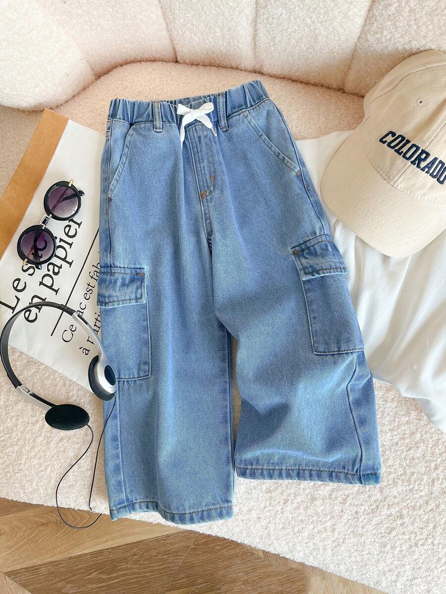 Toddler Boys' Casual Denim Jeans, Elastic Waist Cargo Style Washed Light Blue 3/4 Pants - Blue - View 1