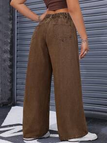 SHEIN ICON 大码女式休闲日常通勤时尚街头风高腰宽松阔腿牛仔裤 - 咖啡棕 - 查看 2