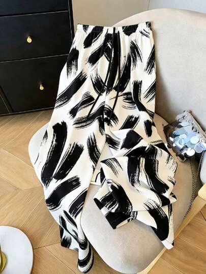 GlowEve Women's Elegant & Versatile Black & White Printed Wide Leg Lightweight Casual Pants, Suitable For Commuting, Vacation