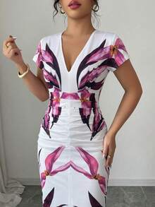 Elenzga V-Neck Waist Gathered Pleated Bodycon Elegant Romantic Sophisticated Women Dress, Suitable For Vacation - Multicolor - View 5