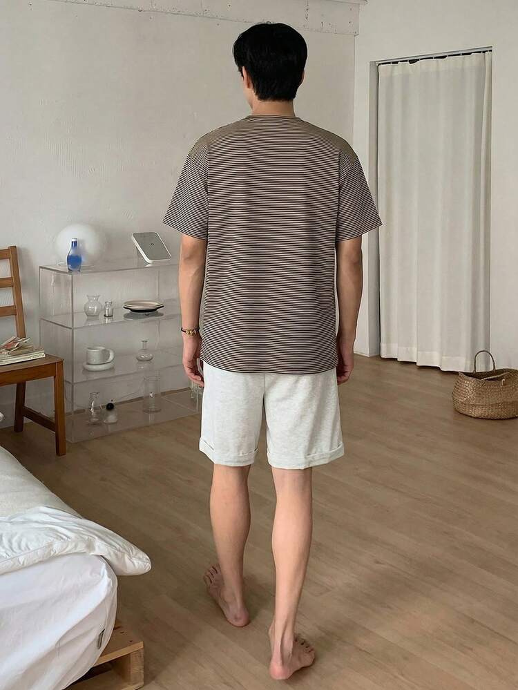 Men's Striped Short Sleeve T-Shirt And Shorts Pajama Set, Summer