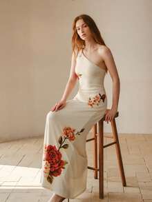 MOTF PREMIUM ELEGANT FLORAL PRINT ONE SHOULDER DRESS - Beige - View 6