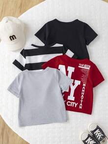 SHEIN 4pcs/Set Unisex Baby Boy/Girl Casual Letter & Stripe Print Short Sleeve T-Shirt Knit Top Outfit Set, Spring/Summer Baby Boy Clothes - Multicolor - View 2