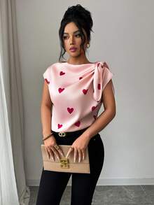 Selianne 情人节心形不对称肩带系带女式衬衫 - 淺粉色 - 查看 4