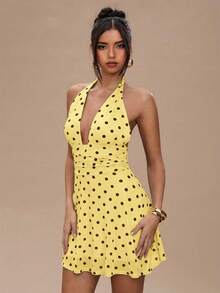 SHEIN BAE Women's Summer Polka Dot Print Ruched Halter Mini Dress - Yellow - View 5