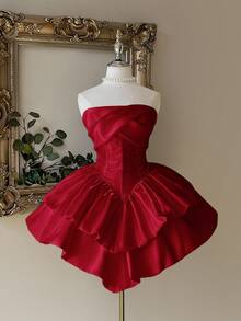 Lovelzi 优雅奢华的白色缎面无肩带收腰双层蛋糕裙，适合单身派对、婚礼、毕业典礼、度假、正式舞会等场合。 - 酒紅色 - 查看 4