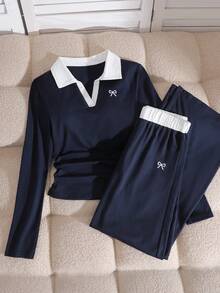 Sparklyn Bộ đồ thể thao đa năng 2 món dành cho thanh thiếu niên, gồm áo dài tay có cổ thêu nơ và quần ống rộng cạp chun cùng màu, thoải mái và thời trang cho mặc hàng ngày và tập luyện thể thao. - Màu xanh hải quân - Xem 7