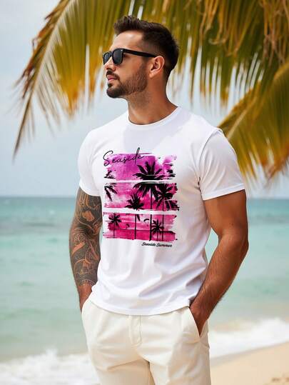Manfinity RSRT Men's Letter & Palm Tree Print Round Neck White Short Sleeve T-Shirt