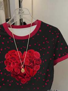 Resyla Women's Casual Heart & Rose Print T-Shirt, Summer - Multicolor - View 3