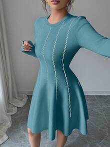 SHEIN Elenzya Autumn/Winter Korean Style Elegant Colorblock Round Neck Long Sleeve Cinched Waist Short Puff Dress - Blue - View 6