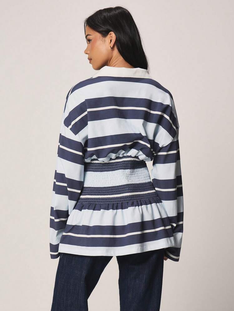 MISSGUIDED Top Polo de Rugby Listrada com Cintura Franzida Elástica, Manga Longa, Gola, Casual, Ajuste Relaxado, Túnica para Outono e Inverno