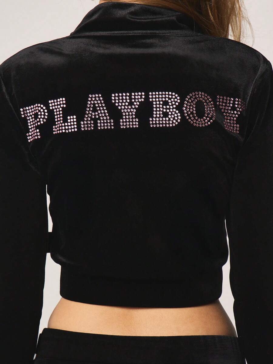 Missguided x Playboy Black Velour Full Zip Crop Sweatshirt With Rhinestone Embellishments For Casual Winter Loungewear - Black - View 1
