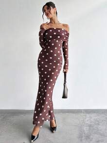 Firerie 女士优雅复古露肩波点印花修身长袖连衣裙，适合约会、度假、新年、情人节等场合 - 棕色 - 查看 5