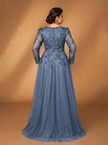 Serin Đầm dài tay cổ tim, dáng xòe rộng, sang trọng, thanh lịch màu xám tím đính sequin, thích hợp cho tiệc tối, hẹn hò, dạ hội, kỳ nghỉ, đám cưới, hoặc làm đầm cho mẹ cô dâu. - Màu xanh bụi bặm - Xem 2