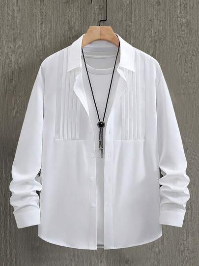 男士休闲纯色长袖开衫衬衫，适合日常活动，百搭款式