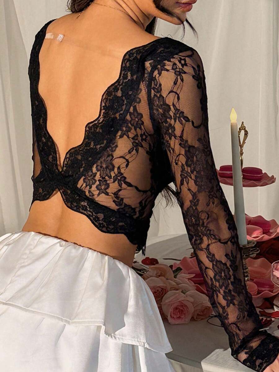 SHEIN EZwear Valentine's Day Fashionable Sexy Black Lace Backless Bodycon Top For Women Lacey Top - Black - View 1