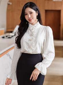 DAZY Áo kiểu nữ thanh lịch màu trơn ren tay phồng, tay dài, thích hợp mặc mùa xuân/hè, dự tiệc cưới. - Màu be - Xem 4