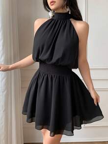 Celisse 黑色立领荷叶边下摆优雅女士迷你连衣裙 - 黑色 - 查看 3