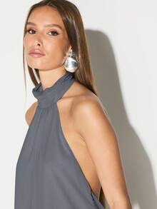 KIZN Áo ba lỗ cổ yếm hở lưng, áo cánh không tay cổ cao hở lưng, thời trang mùa hè - Màu xám đen - Xem 4