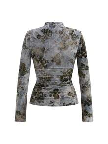 Ellevyn Áo thun dài tay cổ đứng ôm dáng, in hoa, xếp ly dành cho nữ - Nhiều màu - Xem 7