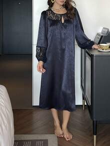 DAZY Charming Sheer Lace Patchwork Satin Glossy Teardrop Hollow Neck Puff Sleeve Mid-Length Women Nightgown - Navy Blue - View 6