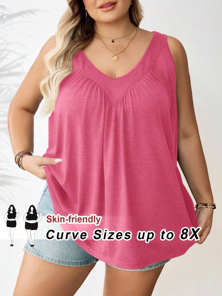 SHEIN CURVE+ Plus Size Women Green V-Neck Loose Camisole, Going Out Tops - Watermelon Pink - View 1