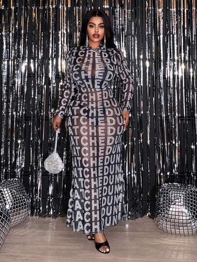 Slaydiva 2026 Spring & Autumn New Elegant Sexy & Party & Date & Evening & Graduation & Wedding & Birthday Party Banquet Fitted Sheer Mesh English Letter Print Long Sleeve Round Neck Maxi Dress For Plus Size Women