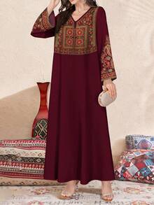 SHEIN Najma Women's Elegant Floral Digital Print V-Neck Long Sleeve Arabic Style Dress, Spring/Summer - Multicolor - View 4