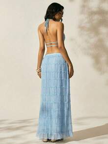 Easelle Women's Vacation Outdoor Romantic Halter Backless Low Waist Skirt Set Beach Skirt Set Summer Skirt And Top Set Summer 2 Piece Sets Woman Beach 2 Piece Set 2 Piece Skirt Set - Blue - View 2