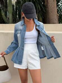 DAZY Women's Collared Cinched Waist Fold-Up Hem Long Sleeve Casual Denim Jacket - Medium Wash - View 3