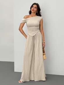 SHEIN Tall 2pcs/Set 2025 Spring & Summer New Collection Music Festival, Easter, St.Patrick's Day, Western Style, Nomadic Style, Birthday Party, Graduation Season, Collegiate Style, Student Wear, Casual Everyday Asymmetrical Shoulder Design Ruched Hem Cropped Top And Textured Fabric Wide Pants Two Pieces Set - Apricot - View 8