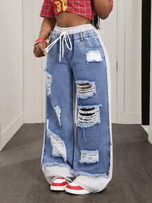 Slaydiva Women's Casual Everyday Commute Fashion Street Drawstring Waist Distressed Contrast Color 2 In 1 Loose Wide Leg Jeans - Blue - View 1