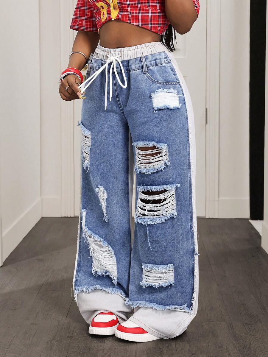 Slaydiva Women's Casual Everyday Commute Fashion Street Drawstring Waist Distressed Contrast Color 2 In 1 Loose Wide Leg Jeans - Blue - View 1