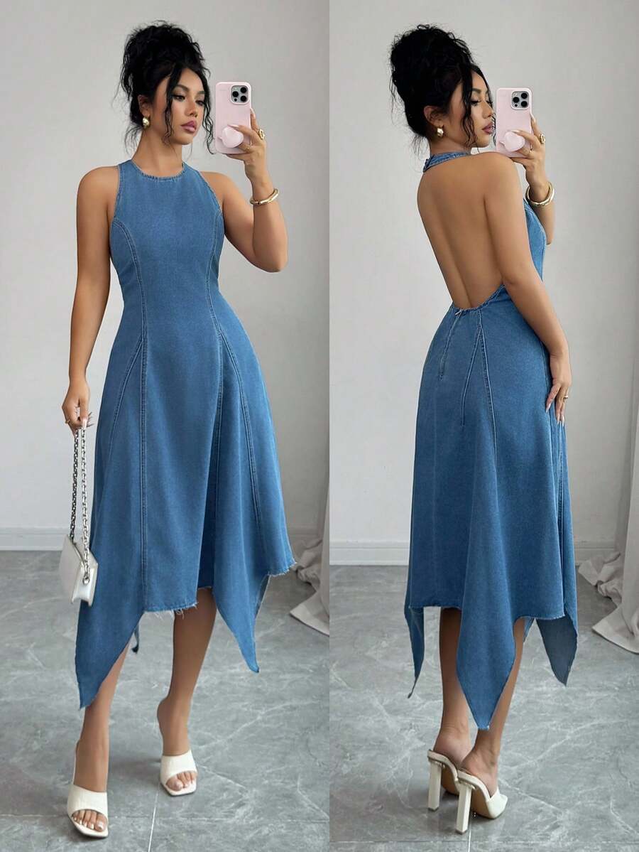 Selianne Women's Sexy Asymmetric Hem Backless Halter Neck Denim Dress, Summer - Medium Wash - View 1