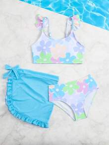 SHEIN 女童连体泳衣套装，浅蓝色撞色花卉图案，采用弹力速干面料，亲肤舒适。三件套包括吊带泳衣、三角泳裤和网纱罩裙。清新花卉风格，舒适透气，适合女孩游泳、夏季海滩度假、泳池玩耍，时尚休闲。 - 淺藍色 - 查看 3