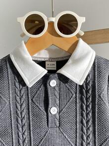 2pcs/Set Infant Boys Jacquard 2 In 1 Polo Shirt And Elastic Waist Shorts Set, Suitable For Commuting, Casual, Vacation, Sports, Party, Spring/Autumn, 6M-3T, Children Clothing, Baby Clothing Baby Boy Shirt And Short Set Baby Boys 2pcs - Grey - View 3