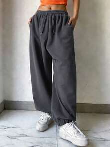 DAZY Women's Loose Drawstring Waist Ankle Cuffed Long Sweatpants Y2k - Grey - View 4