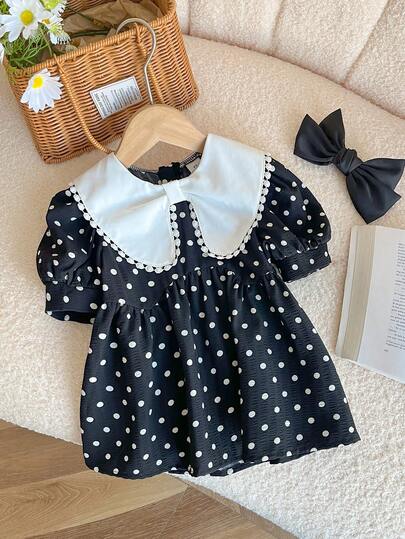 Genkimix Kids 1pc Young Girl Polka Dot Print Cute Peter Pan Collar Puff Sleeve Blouse, Girls Black Collared Short Sleeve Top