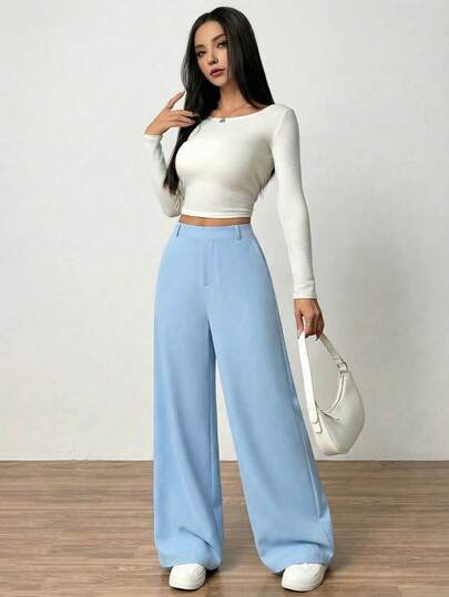 Sparklyn Teen Girls' Elegant Wide Leg Solid Color Minimalist Pants