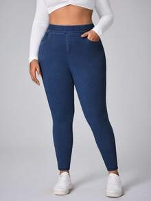 Flexra Plus Size Women's Bowknot Elastic Fitted Pants - Dark Wash - View 5